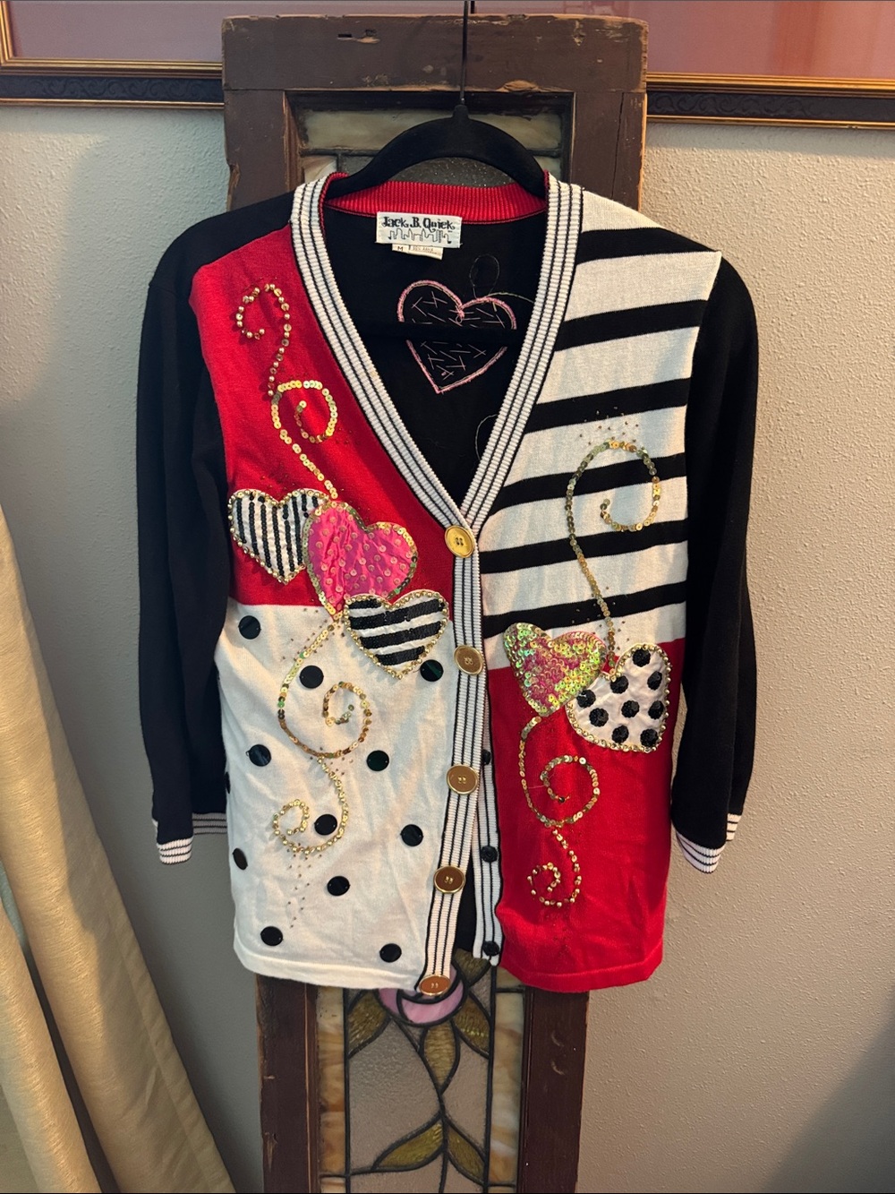 Vintage Jack B Quick Women's Red, White & Black Embellished Heart Cardigan